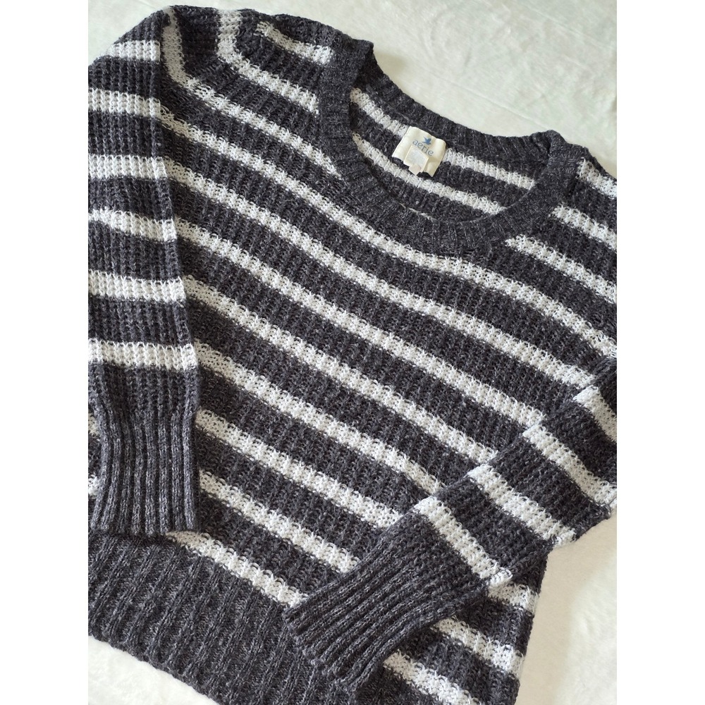 Aerie Vintage Striped Knit Sweater Charcoal Grey White Scoop Neck XL Y2K Preppy